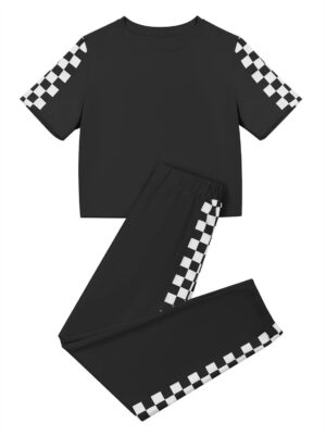 Haloumoning Kids 2 Piece Outfits Girls Summer Plaid Short Sleeve T-Shirts and Pants Set Fashion Clothing Sets