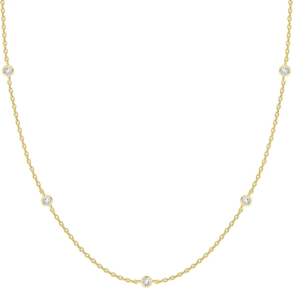 PAVOI 14K Gold Plated Station Necklace - Simulated Diamond BTY Layering Necklaces - Womens CZ Chain
