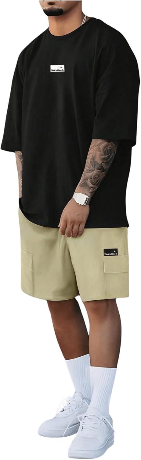 Men's 2 Piece Outfits Letter Patched Short Sleeve T Shirt Drawstring Waist Track Shorts Tracksuit
