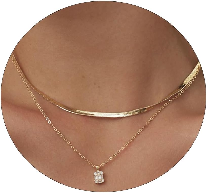 BERISO CZ Diamond Necklace for Women,14K Gold Plated Cubic Zirconia Diamond Dainty Layered Waterdrop Shape Square Pendant Necklace Jewelry Gift for women