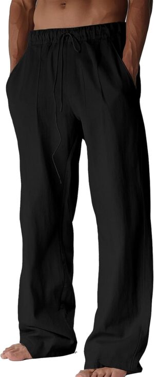 BUXKR Men's Linen Pants Beach Casual Cotton Summer Lightweight Elastic Waist Drawstring with Deep Pockets