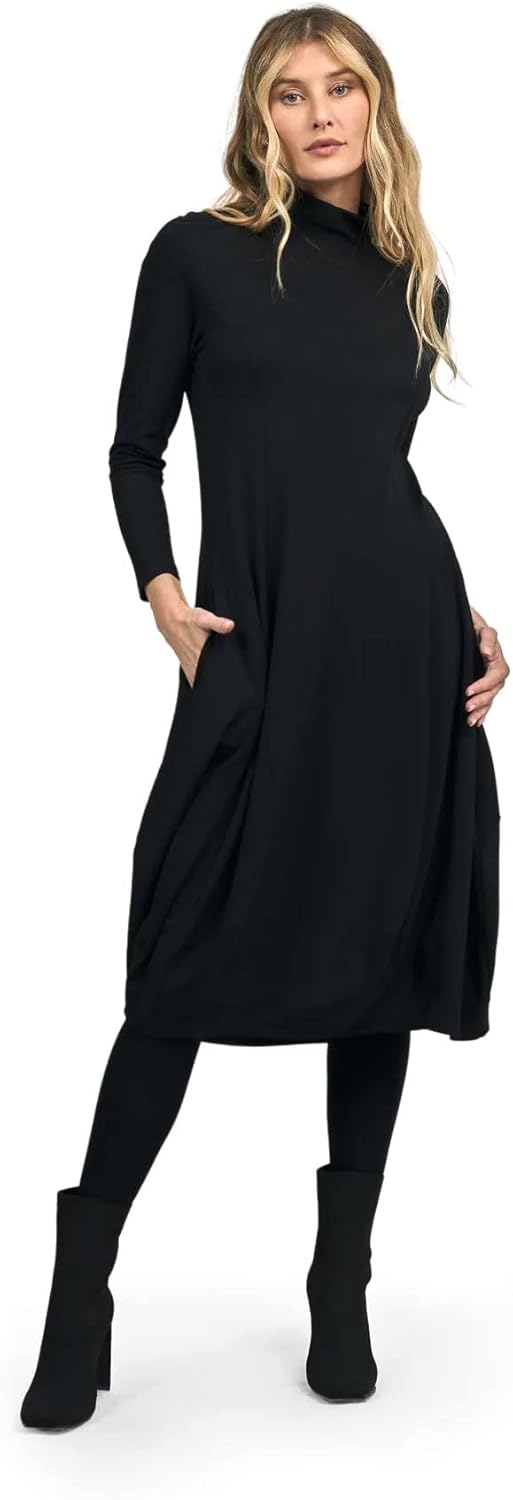 ALEMBIKA Women's Long Sleeve Turtleneck Midi Dress, A-Line Style, Black
