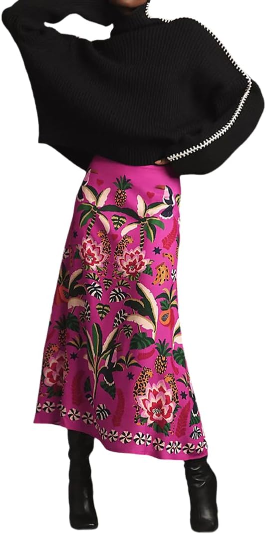 THLAI Womens Skirt Midi Skirt Tropical Plant Print Pink Zipper A-Line Long Skirts Spring Summer Skirt Floral