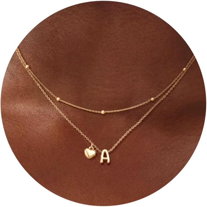 adoyi Gold Necklace for Women Layered Bubble Heart Letter Initial Necklaces for Women Trendy Jewelry 14K Gold Plated Chain Chunky Name Necklace Stack Charm A-Z Pendant Set Jewelry Gifts