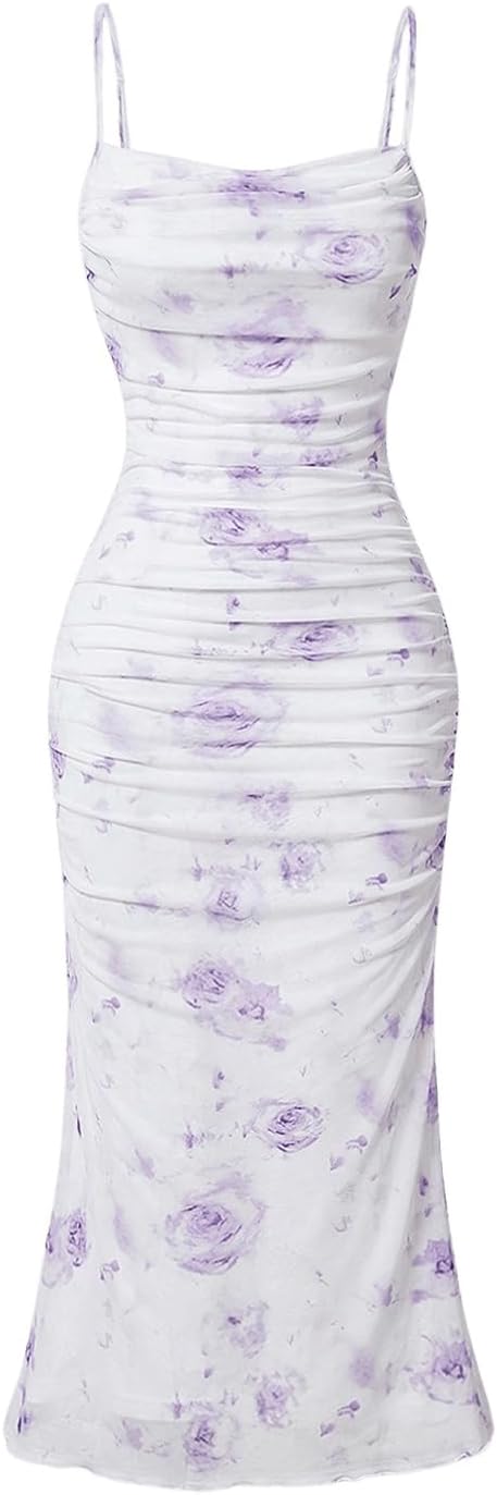 GORGLITTER Women's Floral Ruched Bodycon Midi Dress Mesh Sleeveless Fishtail Cami Dresses