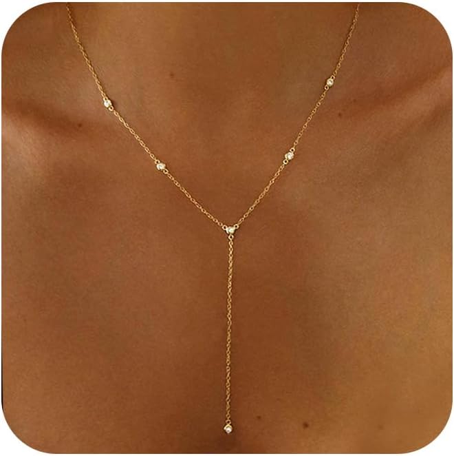 Lariat Necklace for Women，Dainty Gold Long Necklaces 14k Gold Plated CZ Lips Bead Y-Shaped Drop Chain Necklace Simple Gold Layered Necklaces for Women Trendy Gold Jewelry Gifts for Women