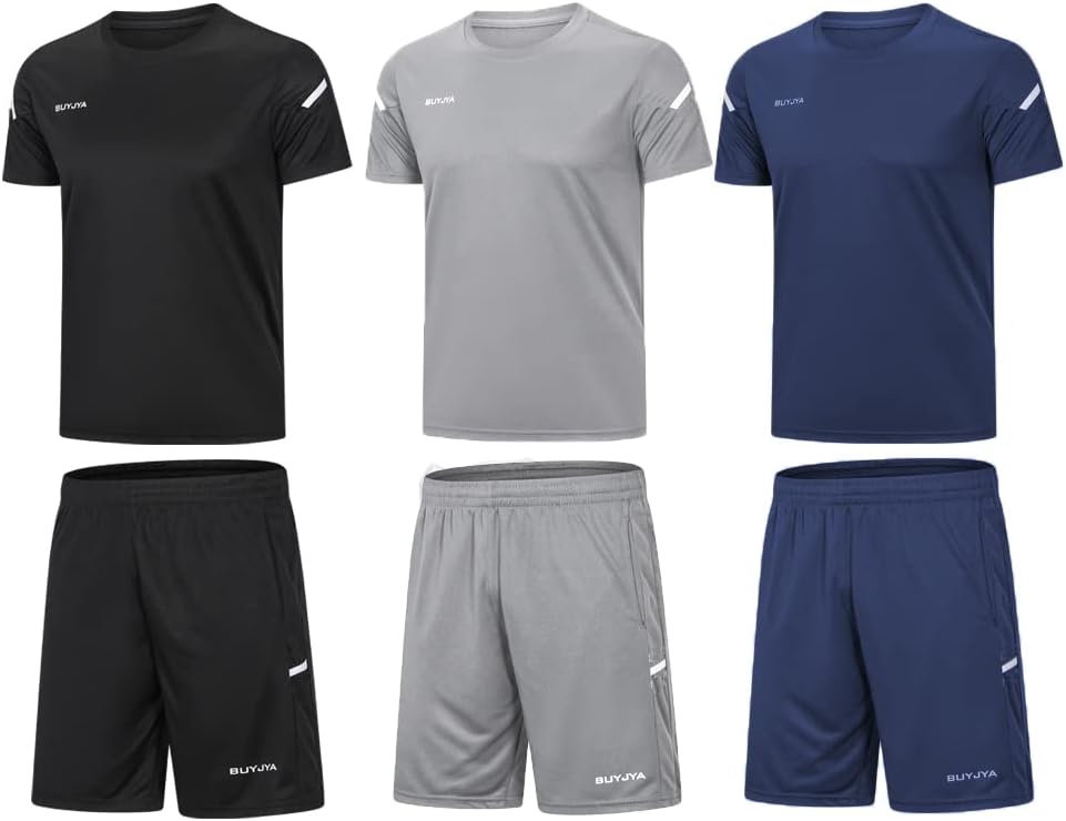 BUYJYA Men's Workout Clothes Athletic Shorts Shirt Set 3 Pack Basketball Football Training Running Gym Christmas gifts
