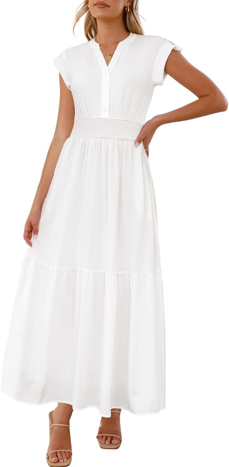 Women Summer Maxi Dress 2025 Cap Sleeve V Neck Button Casual Loose Ruffle Tiered A-Line Long Flowy Beach Sundress