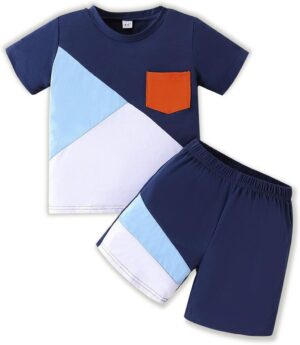 Kids Toddler Boy Clothes Outfits Colorblock Short Sleeve T Shirt with Pockets + Shorts 2 Pieces Summer Clothing Set