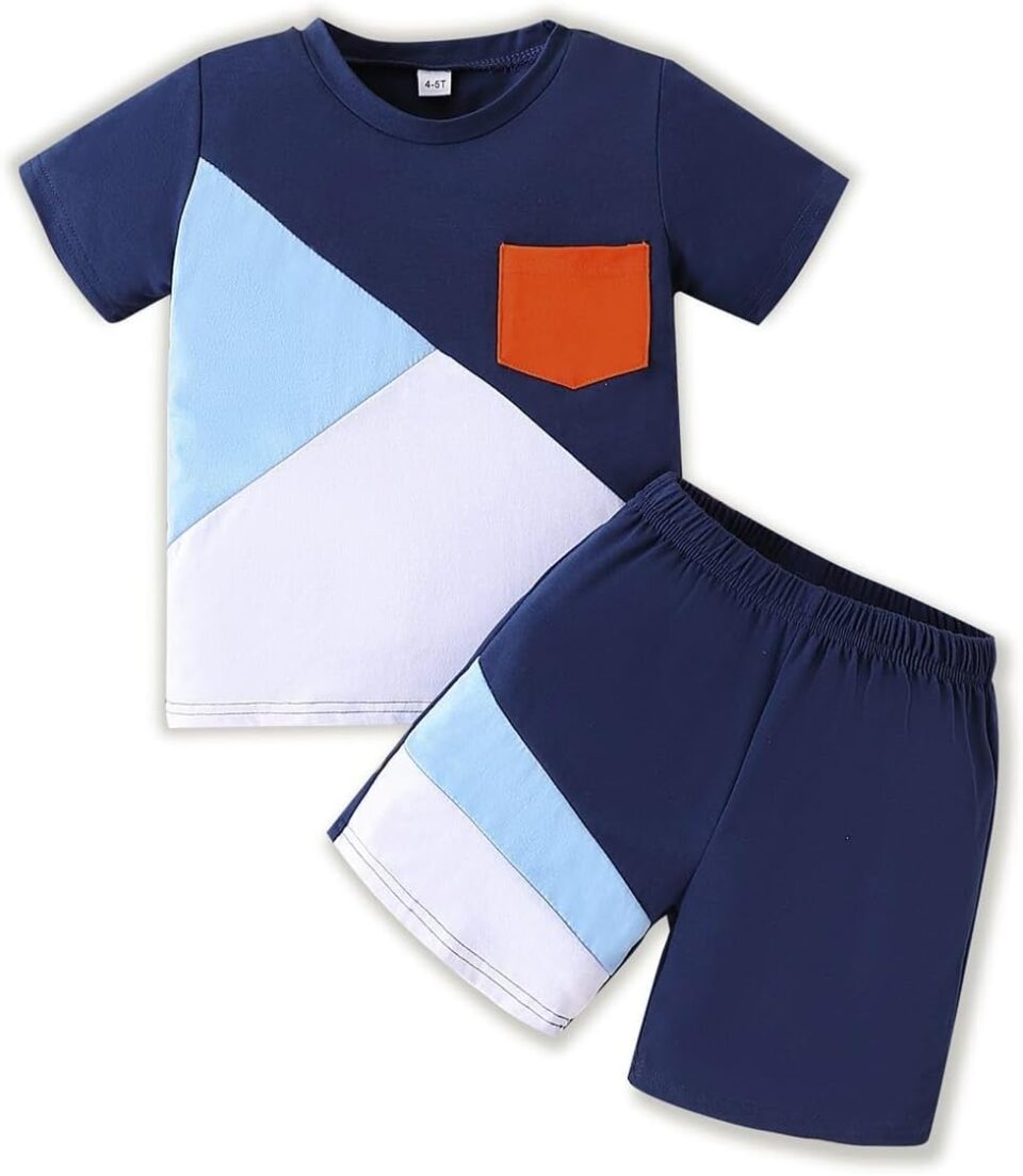 Kids Toddler Boy Clothes Outfits Colorblock Short Sleeve T Shirt with Pockets + Shorts 2 Pieces Summer Clothing Set