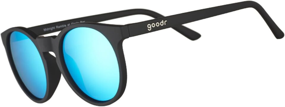 goodr Midnight Ramble at Circle Bar Polarized Round Sunglasses for Men & Women, Small Sized (Circle G), Black Solid Frame with Blue Mirrored Reflective Lenses, UV400 Protection, No Slip, No Bounce