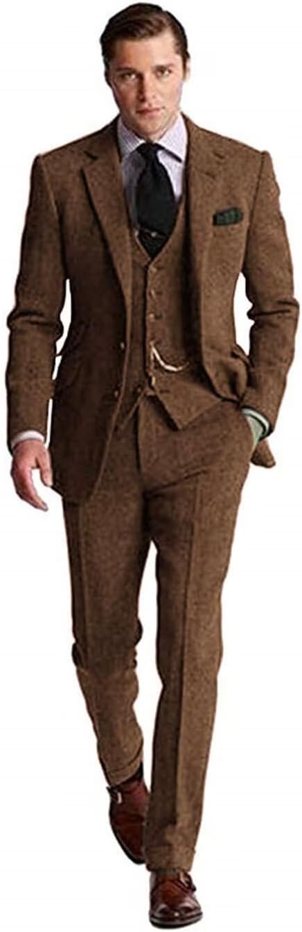 Retro Tweed Men's Suit 3 Piece Slim Fit Herringbone Suits Groom Tuxedos Set Wedding Prom Blazer Jacket Vest Pants for Men