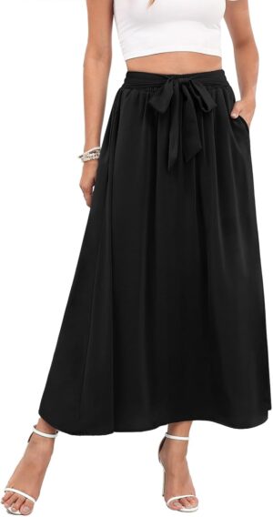 Askyes Womens Maxi Skirt Summer Trendy Tie Knot Elastic High Waisted Boho Casual Beach Flowy Swing Long Skirts with Pockets