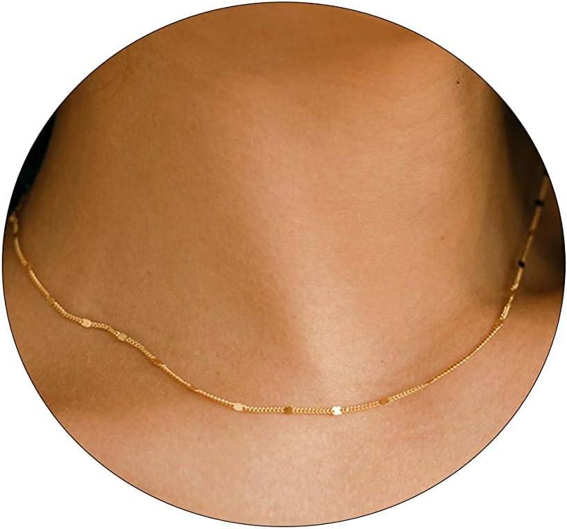 BERISO 14K Gold/Silver Plated Satellite Choker Shining Dots Station Box Chain 3 Blue Beads Sparkle Chain Necklace Open Hearts Open Stars Link Chain Exquisite Jewelry for women