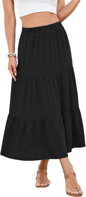 NILOUFO Women Summer High Waist Elastic A-Line Maxi Skirt Flowy Tiered Pleated Beach Vacation Skirts with Pockets