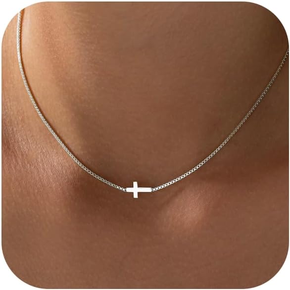 Cross Necklace for Women Trendy 14K Dainty Gold Silver Plated Cross Pendant Necklaces Simple Cute Faith Charm Choker Religious Drop Dangle Chain Necklace Non Tarnish Costume Jewelry Gift