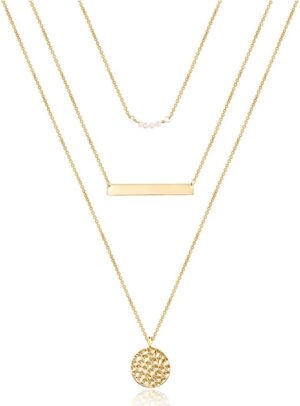 Turandoss Dainty Layered Choker Necklace, Handmade 14K Gold Plated Y Pendant Necklace Multilayer Bar Disc Necklace Adjustable Layering Choker Necklaces for Women