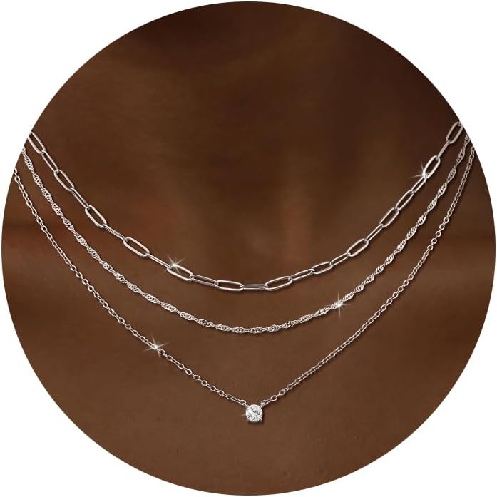 CHESKY Layered Silver Necklaces for Women Trendy,Streling Silver Dainty Stackable Charm Necklace for Womens Layering Paperclip Tennis Rope Chain Diamond Pendant Necklaces Jewelry Set for Women Gifts