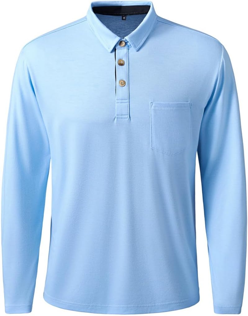 Mens Outdoor Long Sleeve Casual T-Shirt Solid Color Fashion Slim Button Golf Polo Shirt