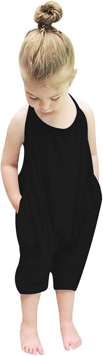 Backless Strap Slouch Jumpsuit for Toddler Girls Cute Harem Halter Romper Pants with Pockets