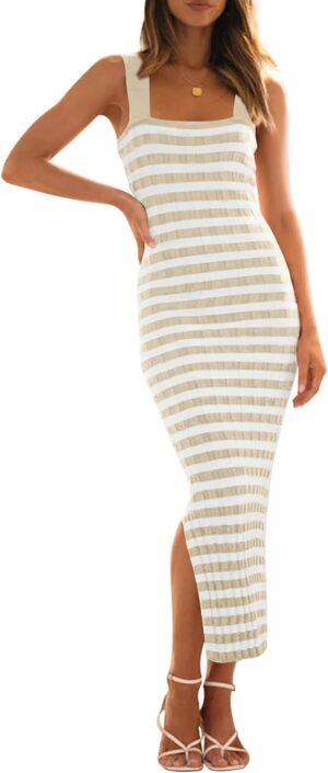 MEROKEETY Women's 2025 Summer Spring Bodycon Midi Dress Vacation Sleeveless Ribbed Knit Striped Party Sweater Dresses