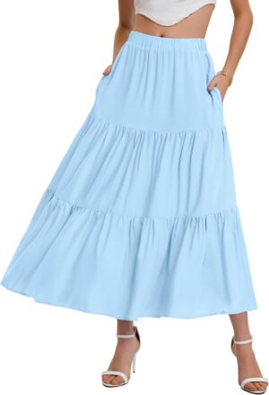 Bloggerlove Tiered Maxi Skirts for Women Trendy Summer Long Flowy Skirt Boho Beach Skirts with Pockets XS-XL