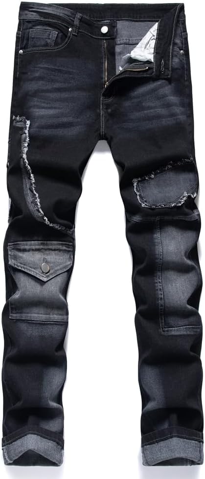 Men's Jeans Denim Pants Straight Patchwork Distressed Biker Jean Streetwear