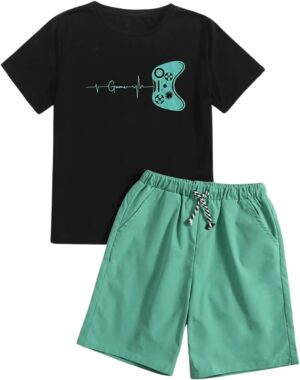 SweatyRocks Boy's 2 Piece Summer Outfits Graphic Pattern Crew Neck Tee Shirt and Shorts Clothing Set