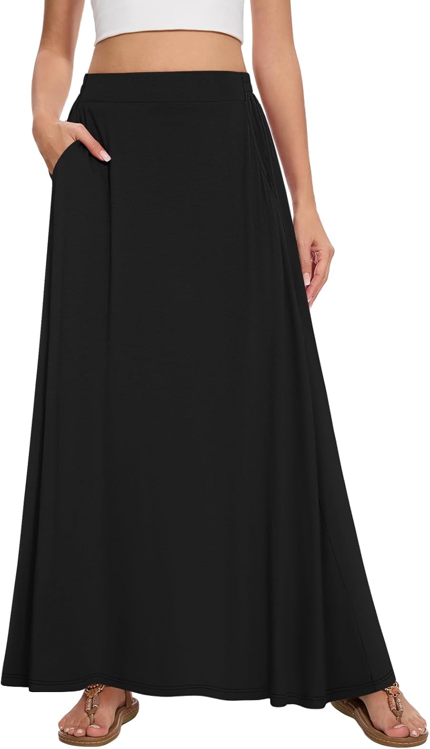 Womens Maxi A-line Long Summer Skirt Elastic High Waist Flowy Skirt with Pockets