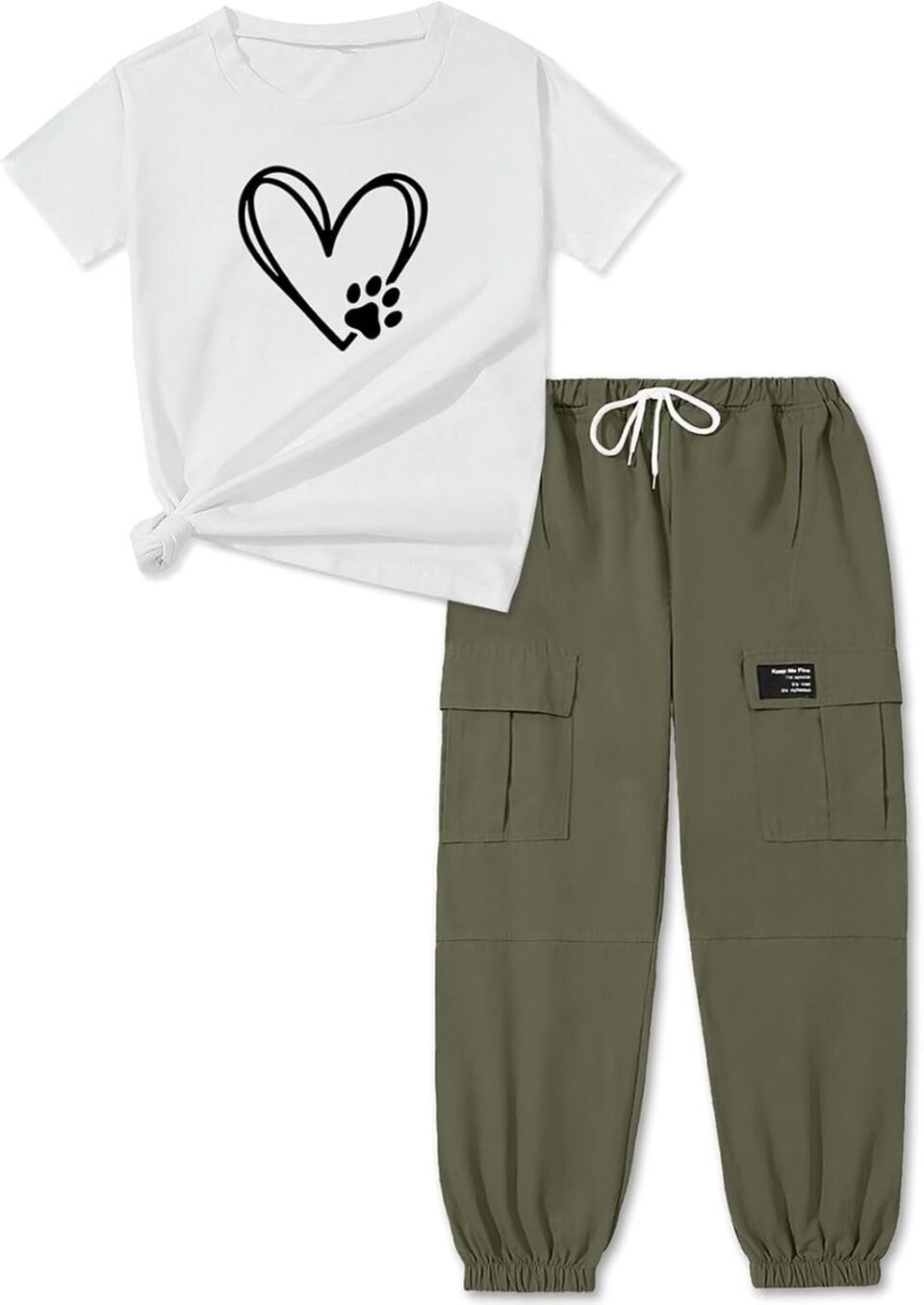 ARTMINE Girls' 2 Piece Outfits Casual Drawstring Jogger Pants and Basic Short Sleeve Top Set, 6-14 Years