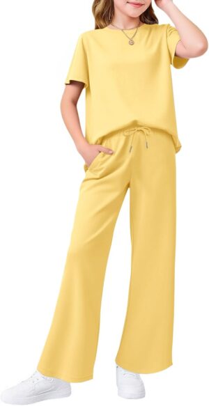 Haloumoning Girls 2 Piece Outfits Kids Fashion Short Sleeve T Shirts Wide Leg Pants Clothing Sets 5-14 Years