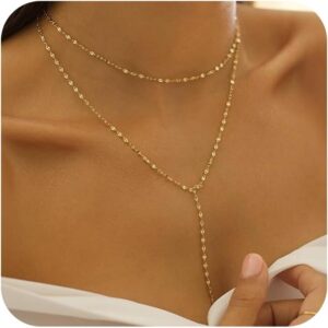 Lariat Gold Necklace for Women Dainty Long 14K Gold Plated Y-Shaped Body Chain Choker Necklace Trendy Non Tarnish Pendant Simple Layered Necklaces Gold Jewelry for Women Set Gift