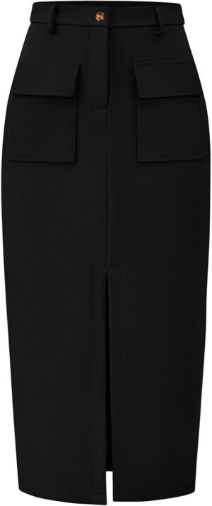 KIRUNDO Women High Waisted Cargo Midi Skirt Trendy Spring Summer Pencil Slit Dressy Casual Business Work Long Skirts