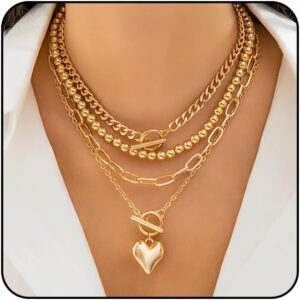 Otxas Layered Gold Necklace for Women Non Tarnish Chunky Gold Necklace Stack for Women Paperclip Chain Necklace for Women Retro Coin Medallion Heart Pendant Necklace Gold Jewelry Set