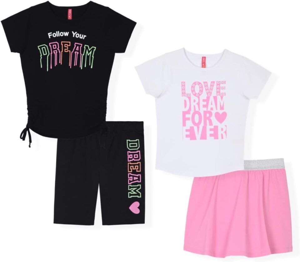 Dreamstar Girl's 4-Piece Mix & Match Outfit Set – Cute & Comfortable Short Sleeve Top and Shorts – Trendy Summer Clothing Set
