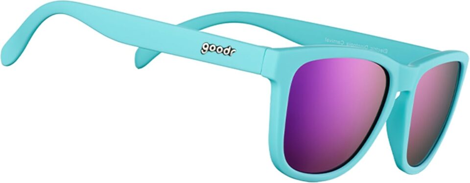 goodr Electric Dinotopia Carnival Polarized Sunglasses for Men & Women, Medium Sized (OG), Light Teal Solid Frames with Purple Mirrored Reflective Lens, UV400 Protection, No Slip, No Bounce