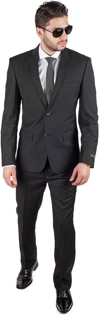 Slim Fit Men Suit Solid Black 2 Button Notch Lapel Flat Front Pants by Azar