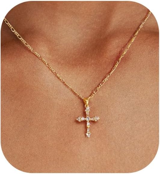 Cross Necklace for Women,Double Cross Necklace 14K Gold Plated Cross Pendant Necklace Dainty Gold Cross Necklaces for Women Trendy Small Cross Charm Necklace Simple Cute Choker Necklaces Gold Jewery