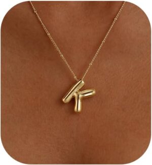 Bubble Gold Letter Necklace for Women, 14k Gold Plated Balloon Initial Letter Pendant Necklace Dainty Charm Initial Necklaces for Women Trendy Chunky Custom Name Necklace Gold Jewelry for Womens