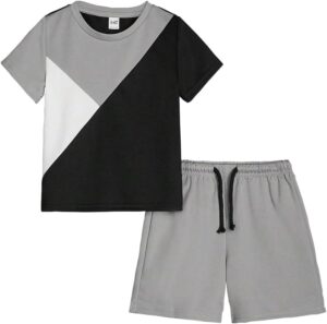 Kid Young Boy Clothes Colorblock Top + Drawstring Waist Shorts 2 Pieces Summer Outfits Set