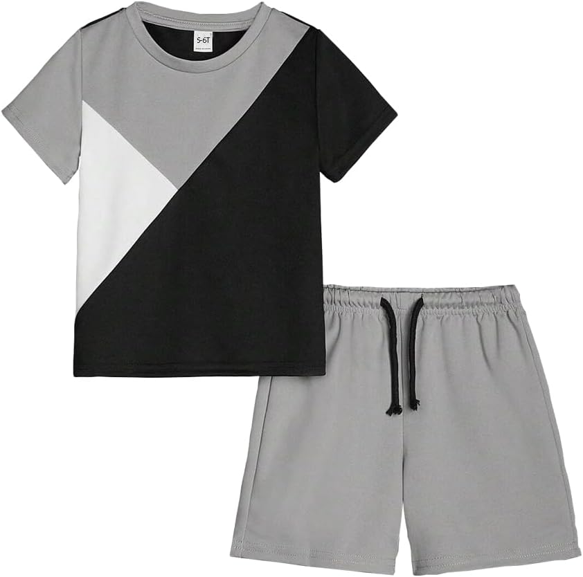 Kid Young Boy Clothes Colorblock Top + Drawstring Waist Shorts 2 Pieces Summer Outfits Set