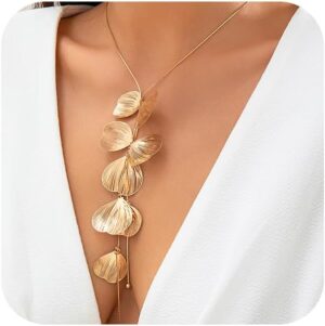 Statement Gold Ginkgo Leaf Flower Long Y Necklace for Women Trendy, Dainty Boho Silver Leaf Floral Choker Necklace Black Leaves Necklaces Jewelry Gift