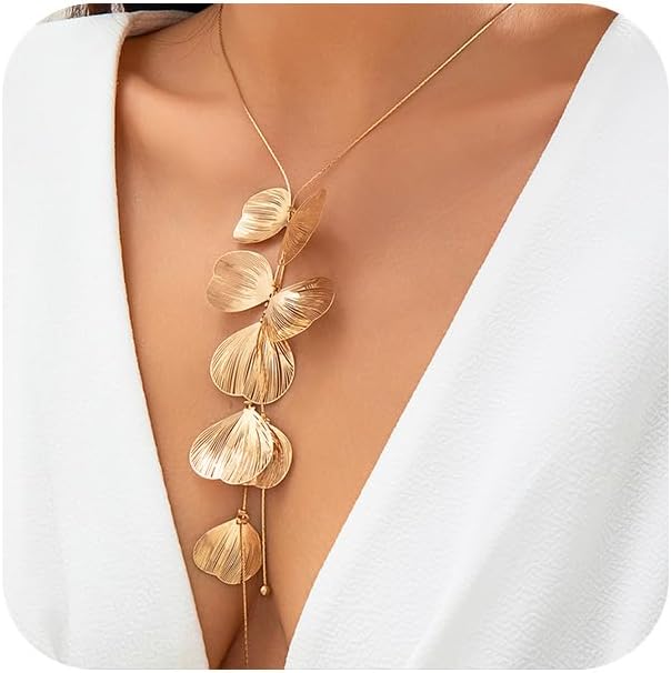 Statement Gold Ginkgo Leaf Flower Long Y Necklace for Women Trendy, Dainty Boho Silver Leaf Floral Choker Necklace Black Leaves Necklaces Jewelry Gift