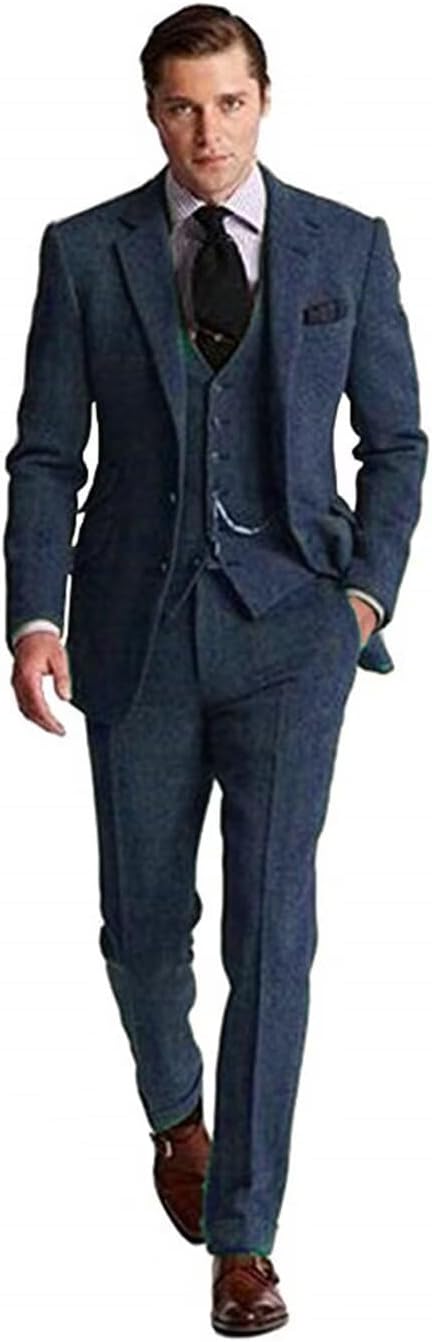 Retro Tweed Men's Suit 3 Piece Slim Fit Herringbone Suits Groom Tuxedos Set Wedding Prom Blazer Jacket Vest Pants for Men