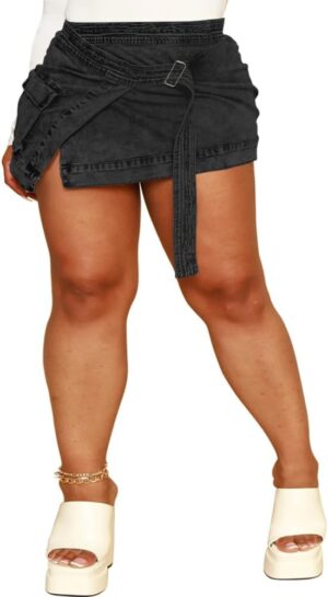 Women's Plus Size Sexy Mini Denim Skirts Jean Short Skirt Irregular with Pockets