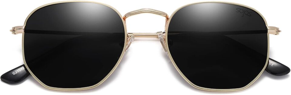 SOJOS Small Square Polarized Sunglasses for Men and Women Polygon Mirrored Lens SJ1072 Gold Frame/Grey Lens