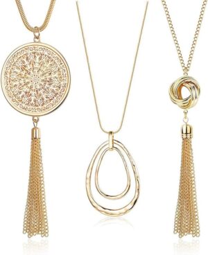 SEVENSTONE 3PCS Long Pendant Necklaces for Women Knot Disk Circle Tassel Statement Sweater Necklace Set