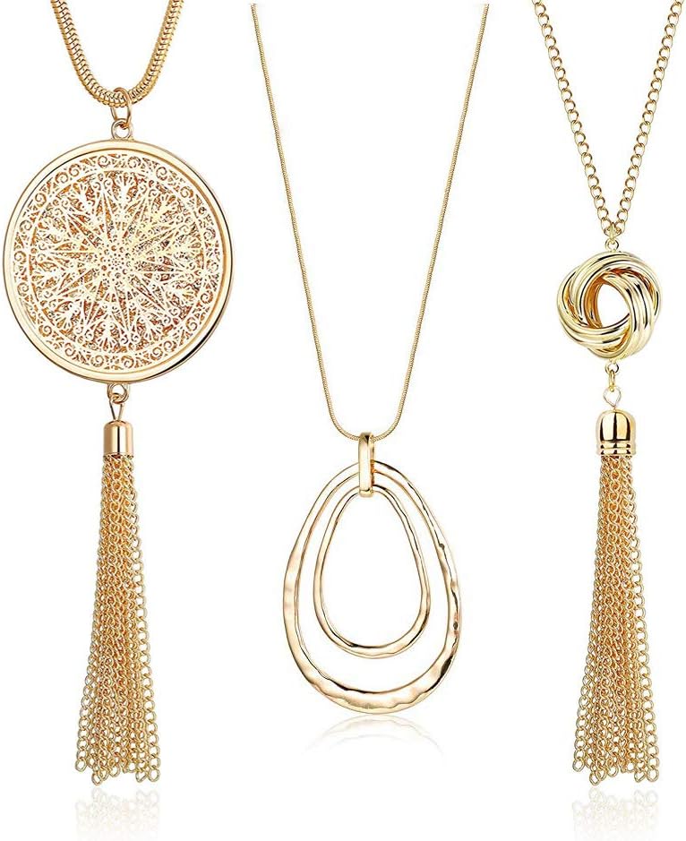 SEVENSTONE 3PCS Long Pendant Necklaces for Women Knot Disk Circle Tassel Statement Sweater Necklace Set