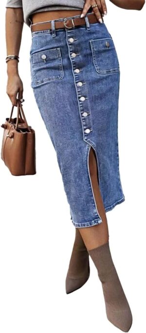 Flamingals Straight High Rise Vintage Embroidered Botton Fly Split Thigh Midi Denim Skirt