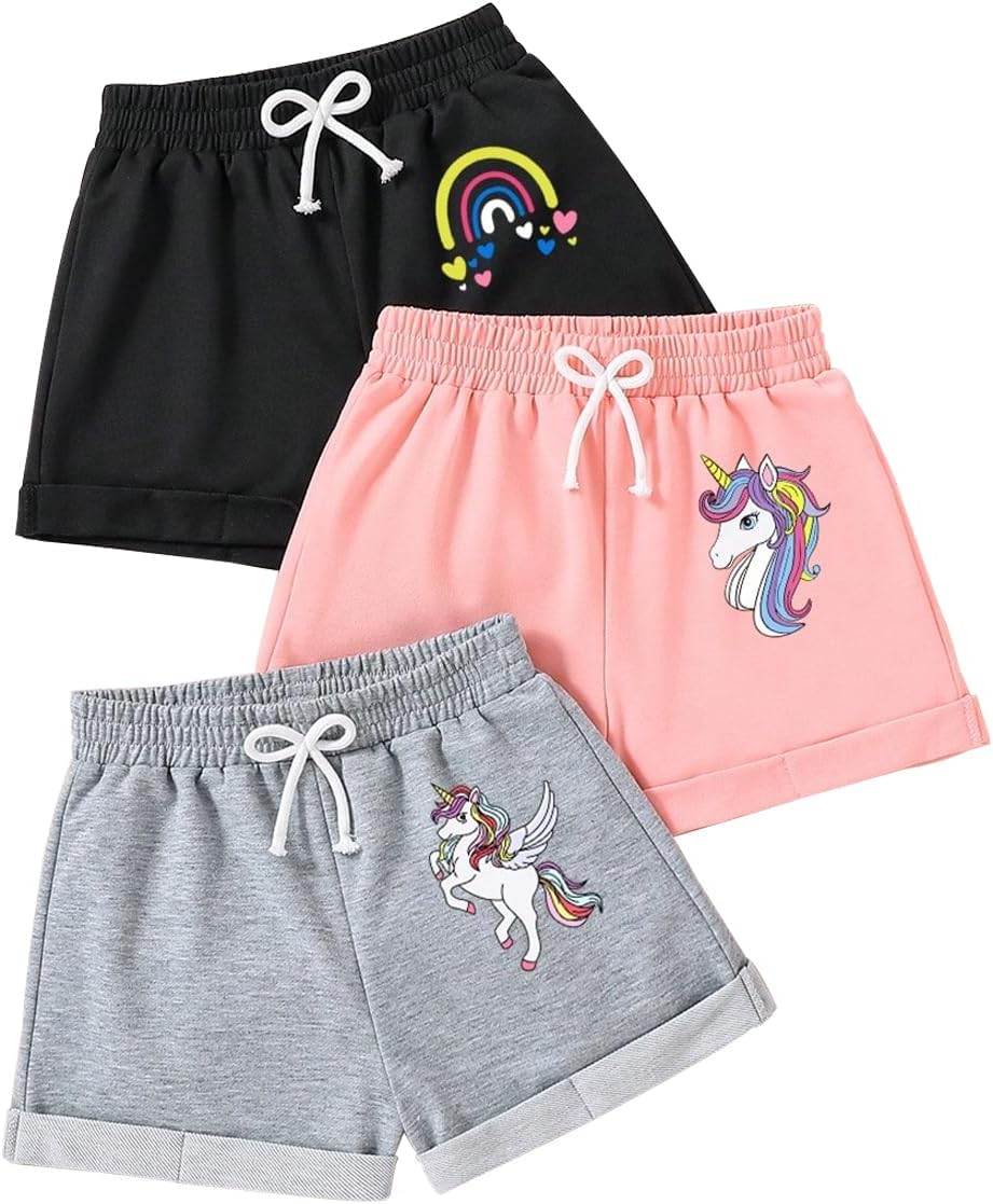 Toddler Girl Shorts - Cartoon Unicorn Print Shorts Set- Kid Shorts 3 Pack Pants Sets(3-7T)